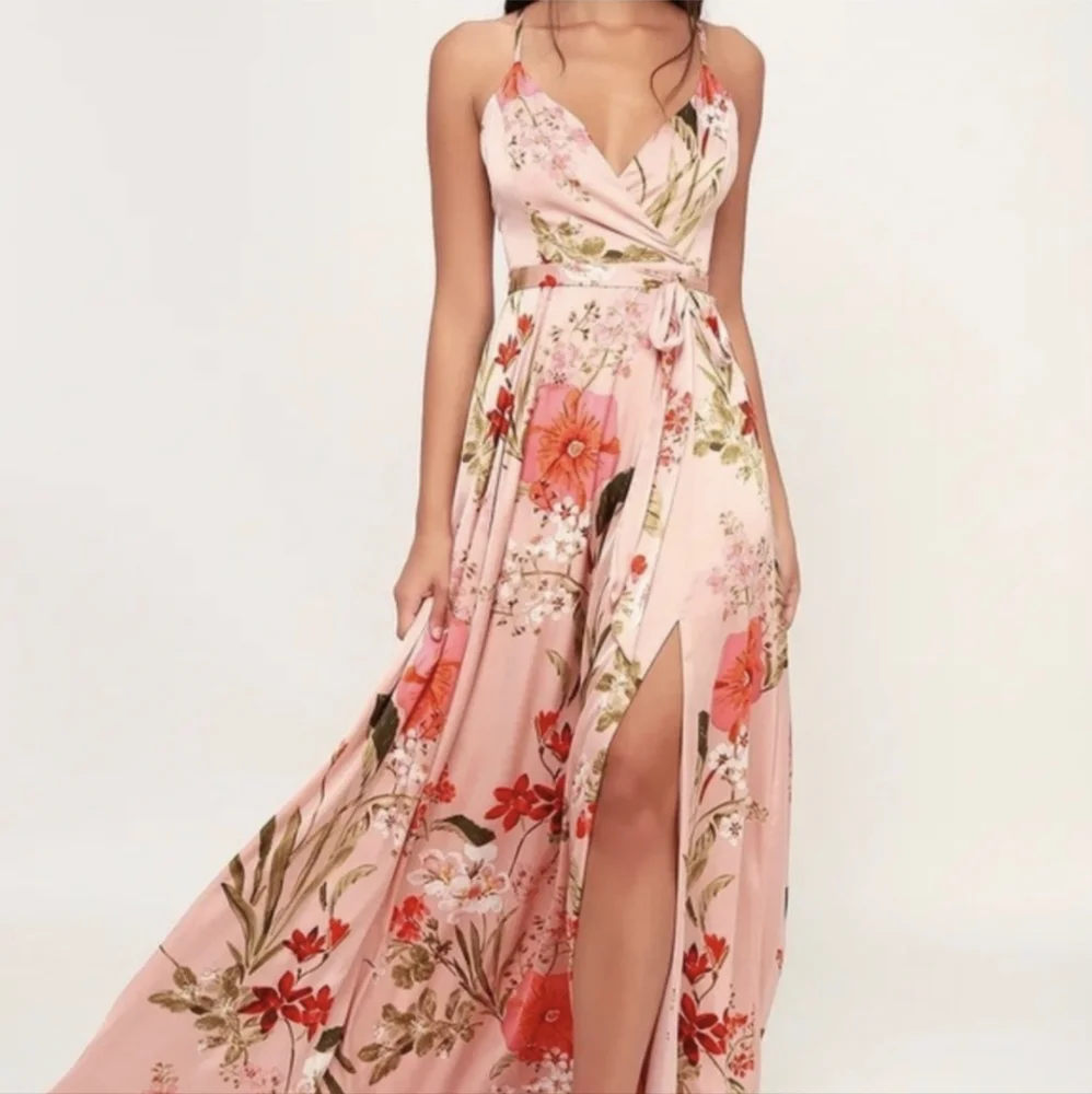 Lulus Still The One Blush Pink Floral Print Satin Maxi Dress - Size L - Picture 4 of 7
